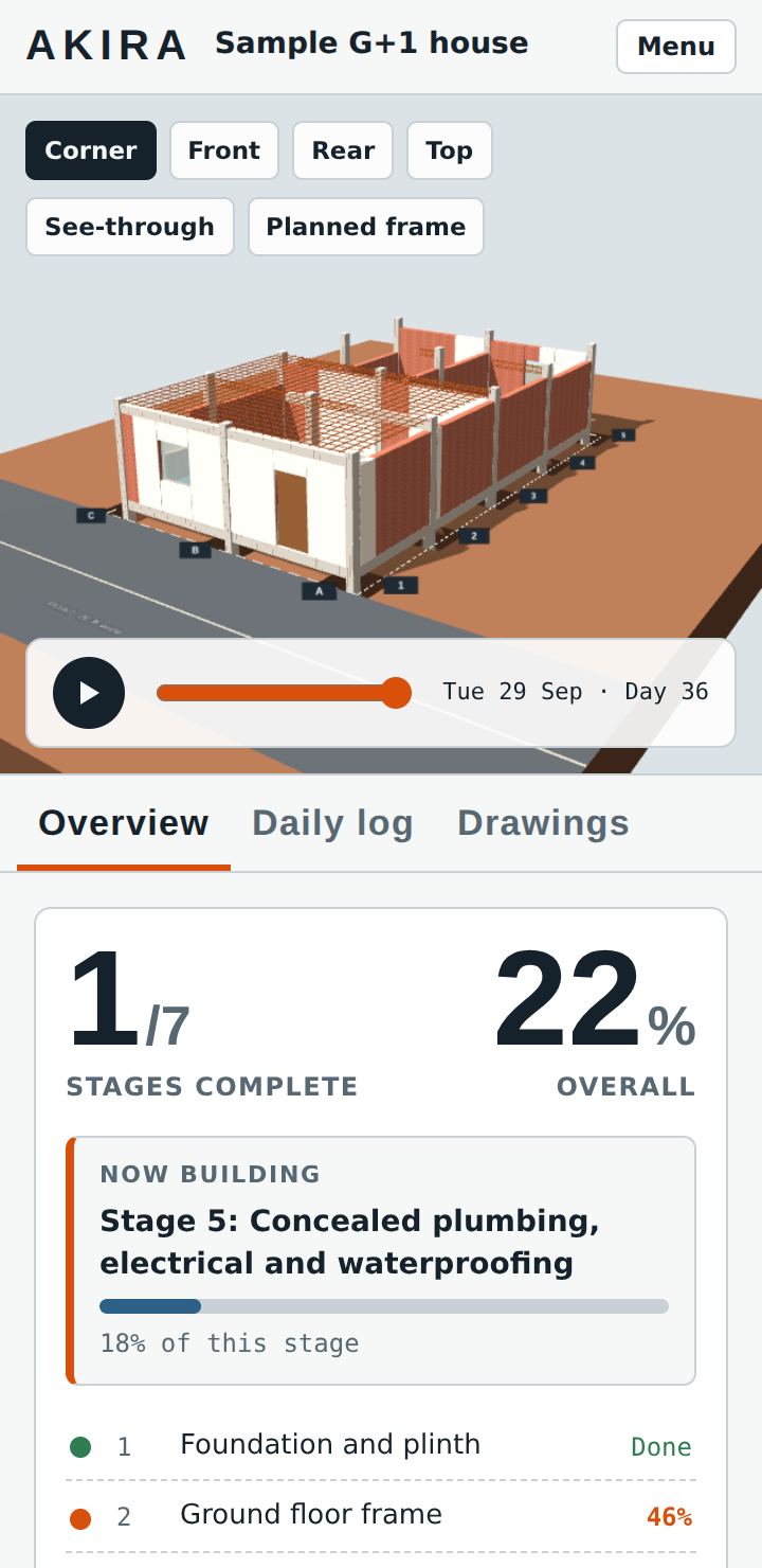 The Akira app showing a 3D model of a house under construction, 1 of 7 stages complete, 22% overall